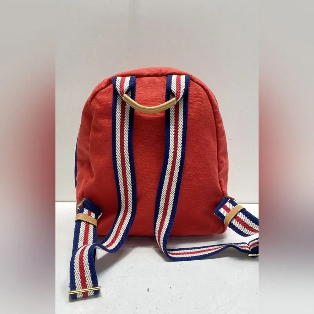 Tory Burch Designer Embroidered Red Canvas Backpack Navy Tassel Purse Bag